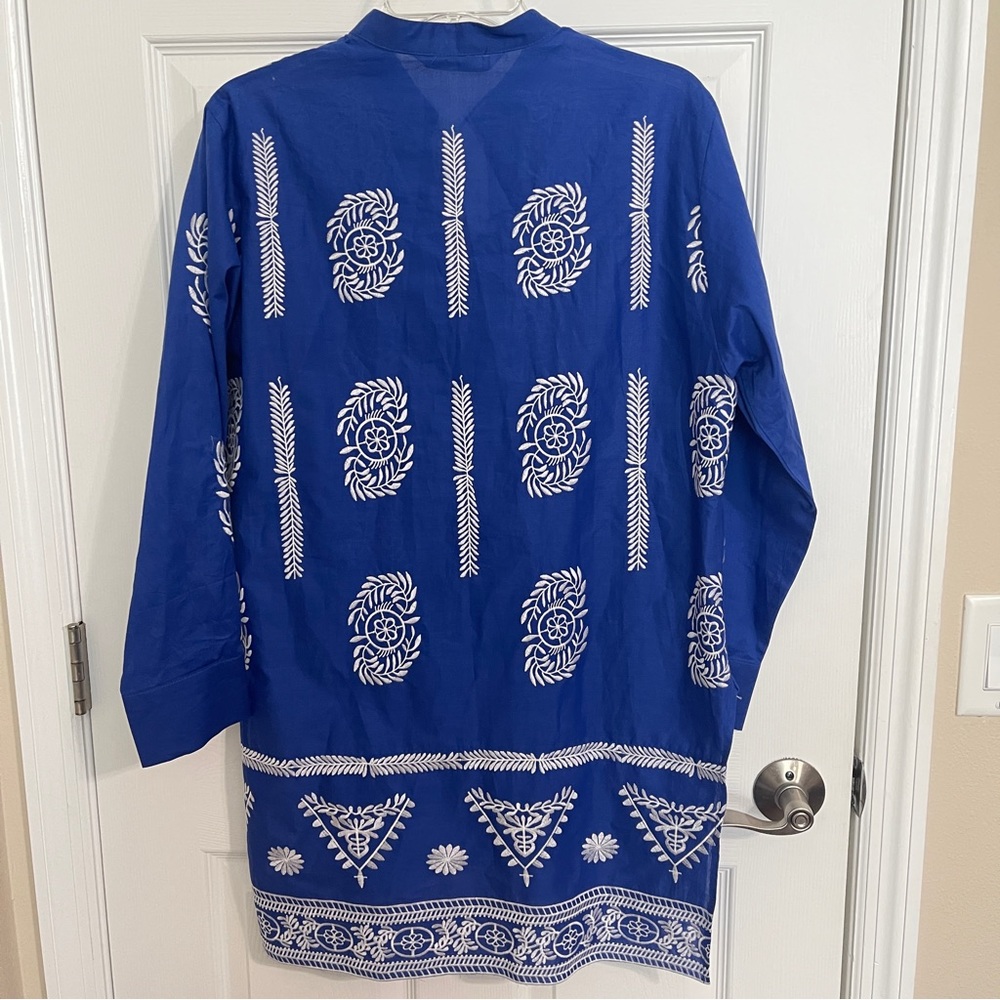 Zara Floral Embroidered Tunic V-Neck Bohemian Blue White Womens size M - Picture 2 of 10